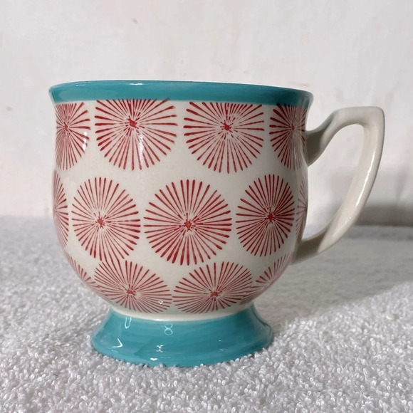 The Pioneer  Woman Starburst Footed Hot Chocolate Coffee Cup Mug Turquoise Red - Picture 1 of 8